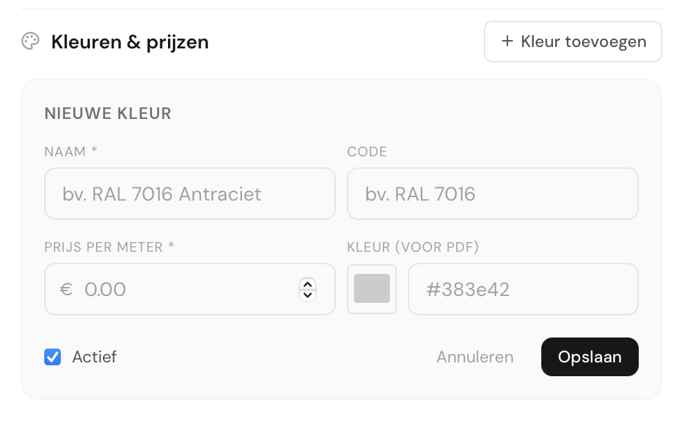 RAL-kleuren met toeslag per meter